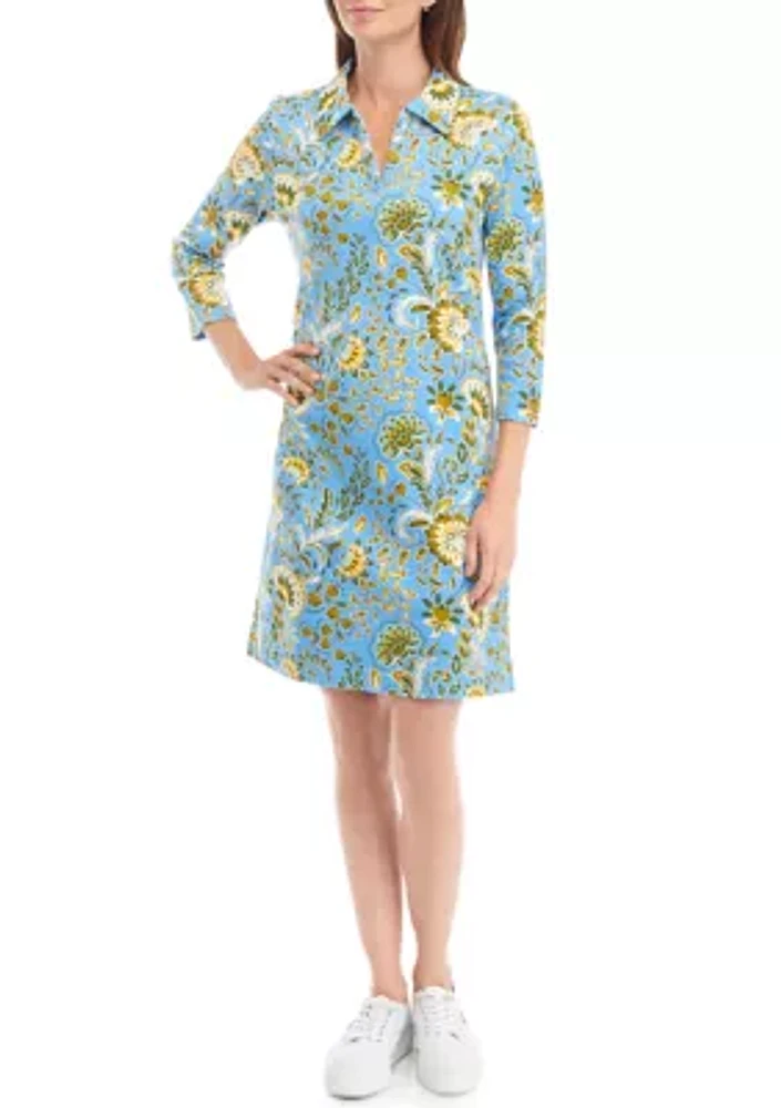 Women's 3/4 Sleeve Johnny Collar Printed Dress