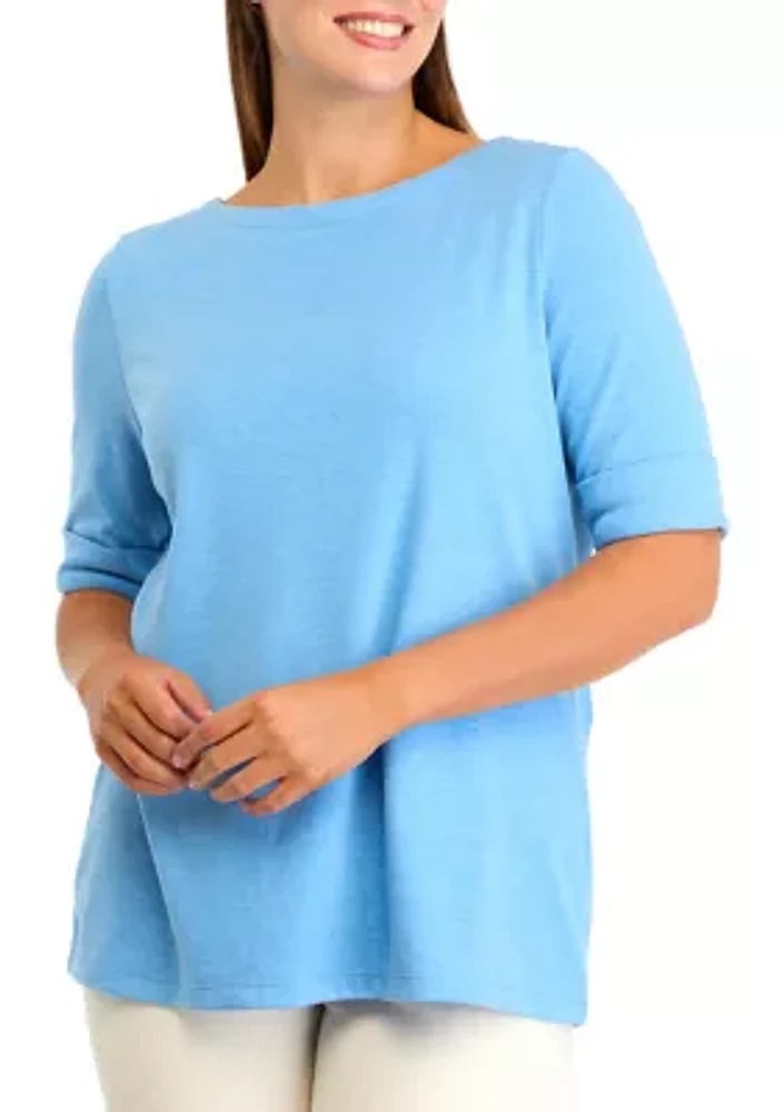 Women's Elbow Sleeve Boat Neck Heather Top