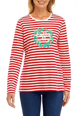 Women's Long Sleeve Striped Holiday Graphic T-Shirt