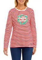 Women's Long Sleeve Striped Holiday Graphic T-Shirt