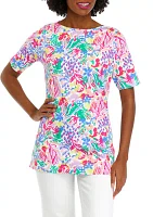 Women's Boat Neck Allover Print Top