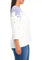 Plus 3/4 Sleeve Placement Print Shirt