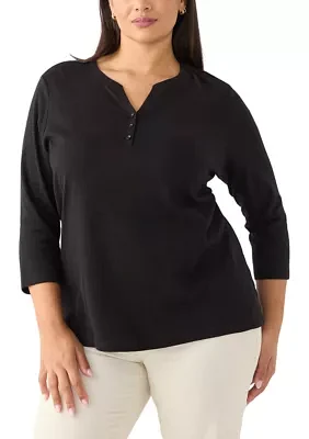 Plus 3/4 Sleeve Henley Solid Top