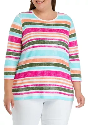 Plus 3/4 Sleeve Striped T-Shirt