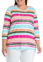 Plus 3/4 Sleeve Striped T-Shirt