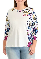 Plus 3/4 Sleeve Crew Neck Placement Print T-Shirt