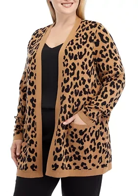 Plus Long Sleeve Animal Print Cardigan