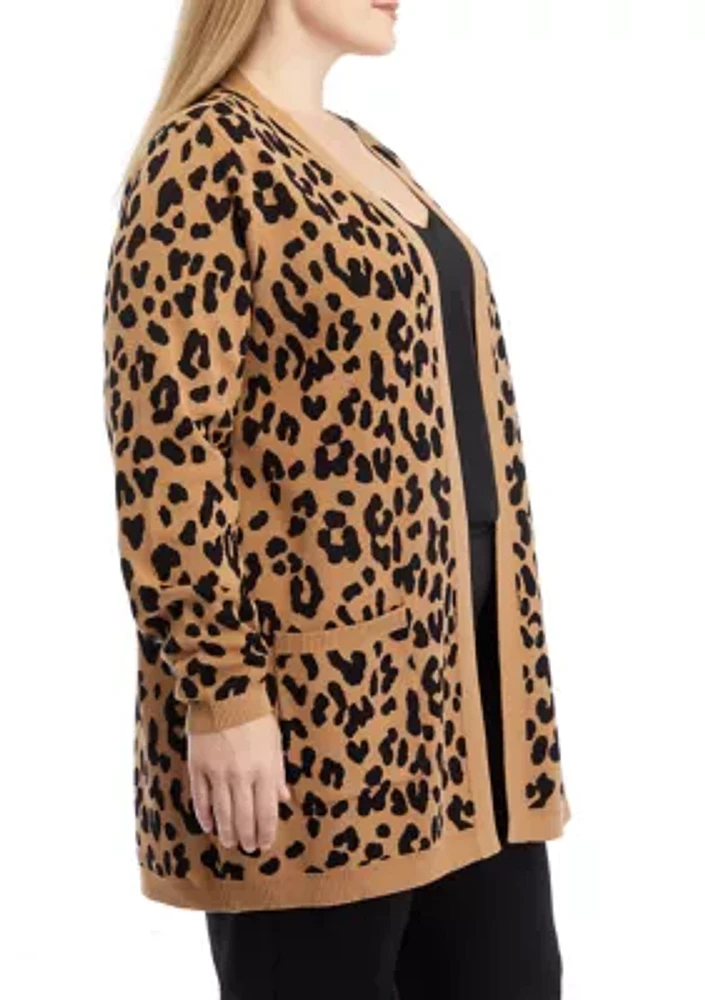 Plus Long Sleeve Animal Print Cardigan