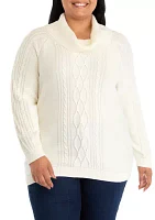 Plus Long Sleeve Cowl Neck Cable Knit Sweater