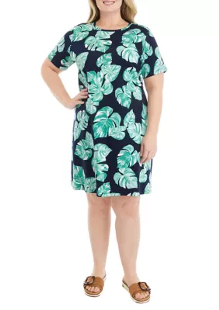 Plus Short Sleeve Crew Neck Allover Print Dress