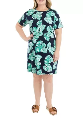 Plus Short Sleeve Crew Neck Allover Print Dress