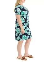 Plus Short Sleeve Crew Neck Allover Print Dress