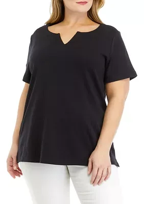 Plus Solid Split Neck T-Shirt