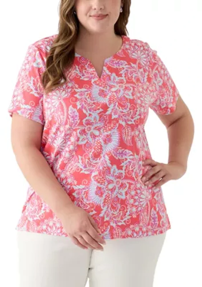 Plus Short Sleeve Split Neck Printed Top
