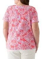 Plus Short Sleeve Split Neck Printed Top