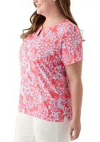 Plus Short Sleeve Split Neck Printed Top