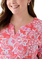 Plus Short Sleeve Split Neck Printed Top