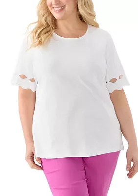 Plus Elbow Sleeve T-Shirt with Scallop Details