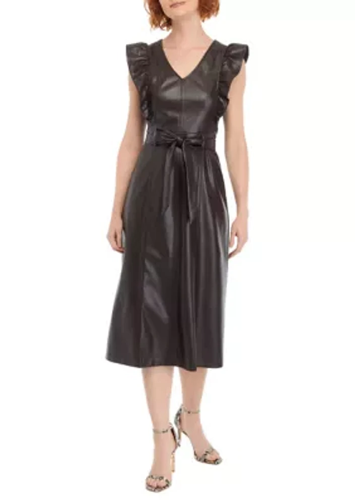 Women's Flutter Sleeve Vegan Leather Midi Dress