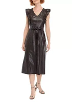 Women's Flutter Sleeve Vegan Leather Midi Dress