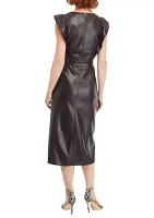 Women's Flutter Sleeve Vegan Leather Midi Dress