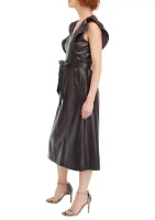 Women's Flutter Sleeve Vegan Leather Midi Dress