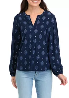 Women's Long Sleeve Printed Popover Blouse