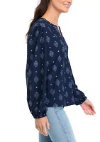 Women's Long Sleeve Printed Popover Blouse