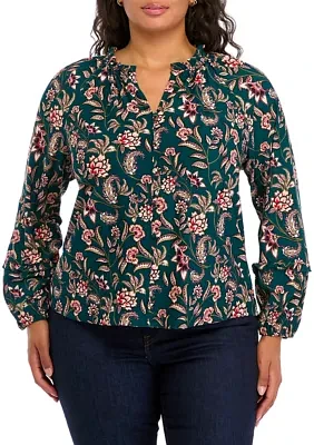 Plus Long Sleeve Printed Blouse