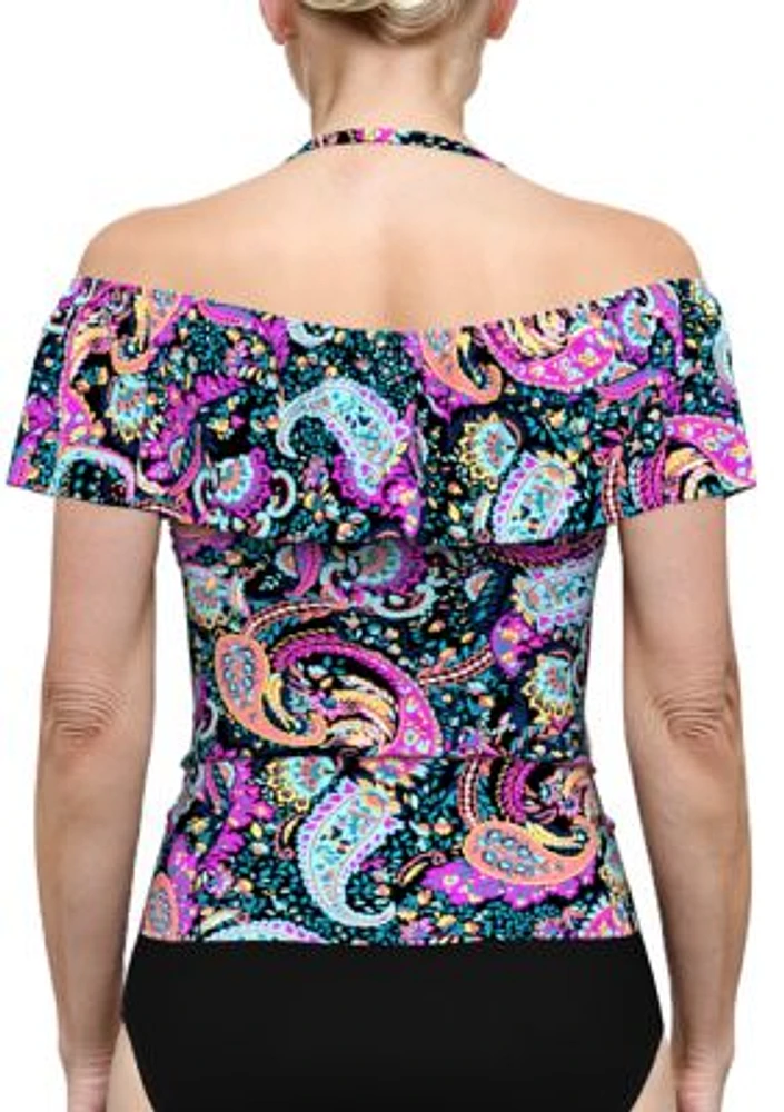 Parisian Paisley Cold Shoulder Tankini Swim Top