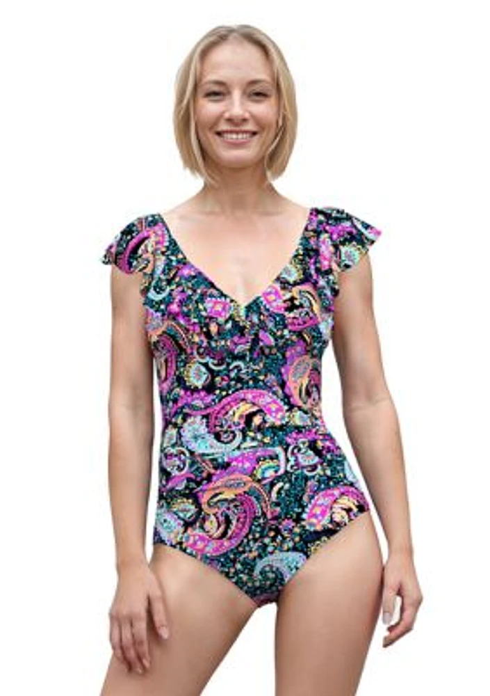 Parisian Paisley V-Neck Ruffle One Piece Swimsuit