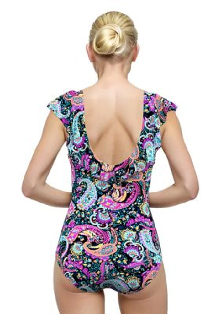 Parisian Paisley V-Neck Ruffle One Piece Swimsuit