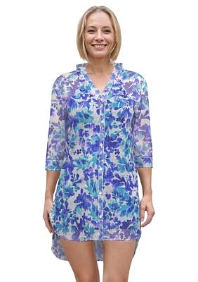 Water Lilies Long Sleeve Button Down Tunic Swim Cover-Up