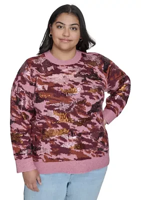 Plus Sequin Camo Crew Neck Pullover