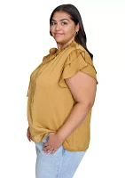 Plus Ruffle Neck Top with Flutter Sleeves