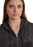 Plus Sequin Appliqué Satin Stitch Logo Velour Hoodie