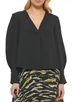 Women's Long Sleeve Cropped V-Neck Blouse