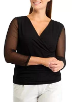 Women's 3/4 Mesh Sleeve Surplice Knit Top