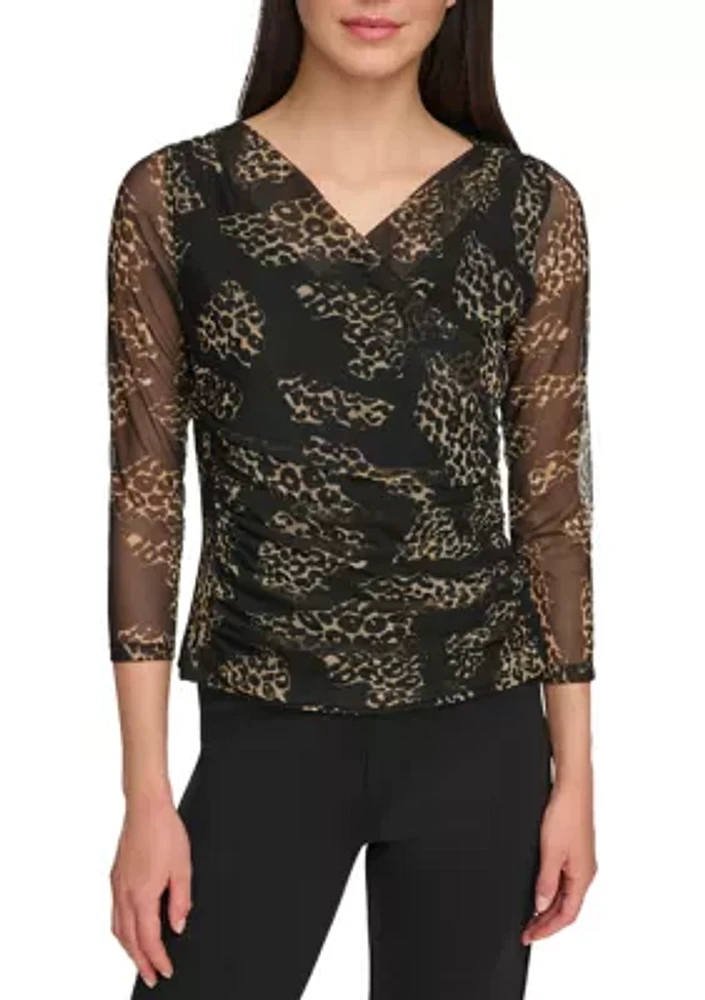 Women's Long Sleeve Printed Mesh Wrap Top