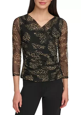 Women's Long Sleeve Printed Mesh Wrap Top