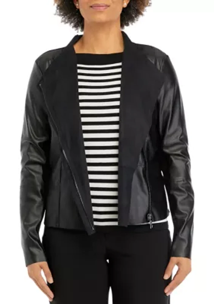 Women's Drape Front Knit Vegan Leather Jacket