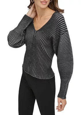 Women's Drop Shoulder V-Neck Plaited Sweater