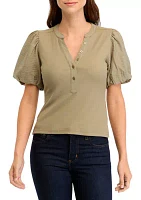 Women's Short Sleeve Mix Media Henley Top