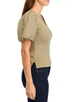 Women's Short Sleeve Mix Media Henley Top