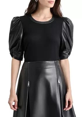 Women's Vegan Leather Sleeve Knit Top