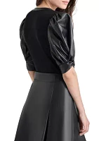 Women's Vegan Leather Sleeve Knit Top