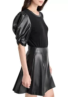 Women's Vegan Leather Sleeve Knit Top