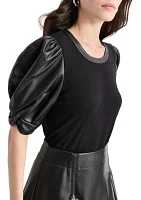 Women's Vegan Leather Sleeve Knit Top