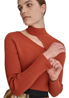 Women's Long Sleeve Mock Neck Cut Out Ribbed Sweater