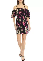 Women's Puff Sleeve Floral Linen Shift Dress